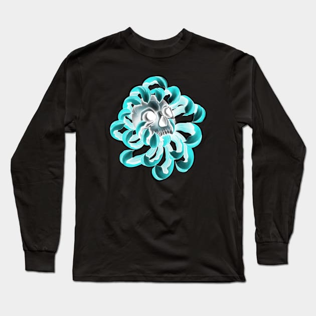 Human Scull in blue Flower Long Sleeve T-Shirt by Print Art Station